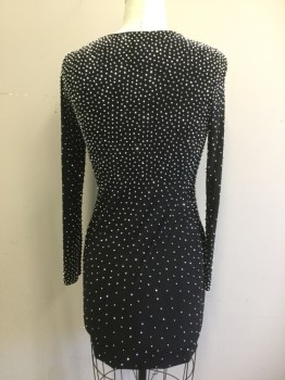 Womens, Cocktail Dress, XSCAPE, Black, Polyester, Spandex, Solid, 10, Rhinestone Throughout, More Rhinestones on Top Than Bottom, Stretch, Pullover, Scoop Neck, Long Sleeves
