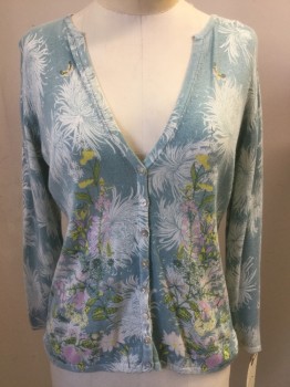 Womens, Sweater, ODILLE, Sea Foam Green, Cream, Yellow, Sage Green, Pink, Rayon, Cotton, Floral, M, V-neck, Long Sleeves, Cardi