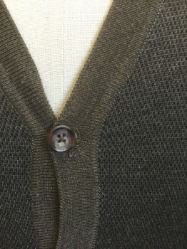 Mens, Sweater Vest, SAKS FIFTH AVE, Brown, Black, Wool, Silk, 2 Color Weave, XL, Brown with Black Dotted Weave/Knit, Solid Brown Edging at Armholes, Button Placket and Hem, Cardigan Button Front, V-neck