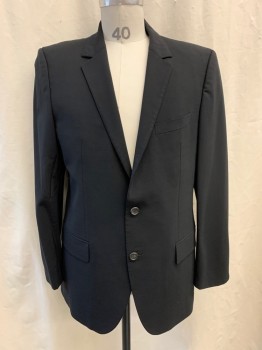 HUGO BOSS, Black, Wool, Solid, Notched Lapel, Single Breasted, Button Front, 2 Buttons, 3 Pockets