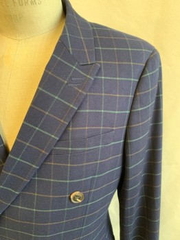 Mens, Suit, Jacket, TOPMAN, Navy Blue, Green, Brown, Polyester, Viscose, Grid , 40R, Navy with Green/Brown Grid, Double Breasted, Collar Attached, Peaked Lapel, 2 Pockets, Skinny Fit