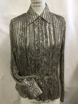 JONES NEW YORK, Beige, Brown, Teal Blue, Olive Green, Polyester, Stripes - Vertical , Paisley/Swirls, Beige/brown/teal Blue/olive Vertical Stripes/paisley Print with Solid Olive Lining, Collar Attached, Pleat Front Center, Collar Attached, Button Front, Long Sleeves,