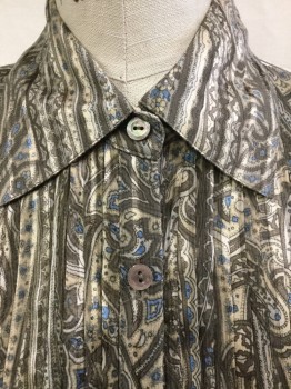JONES NEW YORK, Beige, Brown, Teal Blue, Olive Green, Polyester, Stripes - Vertical , Paisley/Swirls, Beige/brown/teal Blue/olive Vertical Stripes/paisley Print with Solid Olive Lining, Collar Attached, Pleat Front Center, Collar Attached, Button Front, Long Sleeves,