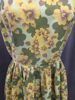 NL, Lt Green, Olive Green, Goldenrod Yellow, Brown, Polyester, Cotton, Floral, Crew Neck, Sleeveless, Buttons on Shoulders, Pleated Skirt, Back Zip,