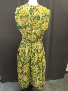 NL, Lt Green, Olive Green, Goldenrod Yellow, Brown, Polyester, Cotton, Floral, Crew Neck, Sleeveless, Buttons on Shoulders, Pleated Skirt, Back Zip,