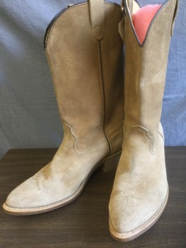 Mens, Cowboy Boots , H H, Tan Brown, Suede, Solid, 10.5 , Tan Suede with Dark Brown Leather Piping, Mid Calf Length, Pointed Toe, 1.5" Heel, Self Embroidery