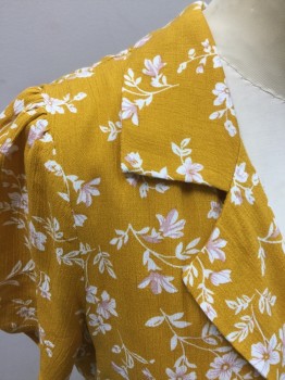 Womens, Dress, Short Sleeve, AUDREY, Turmeric Yellow, White, Mauve Pink, Rayon, Floral, S, Turmeric with White Floral Print, 2 Button Front, Collar Attached, Notched Lapel, Short Sleeves, with Gather, Side Zip