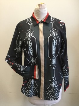 DKNY, Black, White, Red, Taupe, Polyester, Novelty Pattern, Novelty NYC Print, Button Front, Collar Attached, Long Sleeves, Taupe/Red/Black Stripe Placket/Collar/Cuff, Hidden Placket