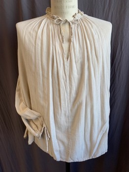 Mens, Historical Fiction Shirt, MTO, Beige, Cotton, Solid, 40, Lightly Aged/distressed, Gathered/ Blousy Split with Crew Neck-Thin Trim & Ruffle & Self Tie Neck, Long Sleeves with Thin Trim & Self Short Tie, Side Split Hem Bottom