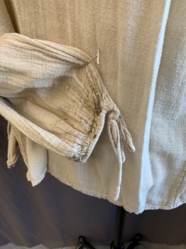 MTO, Beige, Cotton, Solid, Lightly Aged/distressed, Gathered/ Blousy Split with Crew Neck-Thin Trim & Ruffle & Self Tie Neck, Long Sleeves with Thin Trim & Self Short Tie, Side Split Hem Bottom