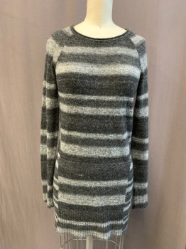 REITMANS, Charcoal Gray, Lt Gray, Acrylic, Polyester, Stripes, Rolled Neck, Raglan Long Sleeves, Curved Princess Seams, Ribbed Knit Waistband/Cuff