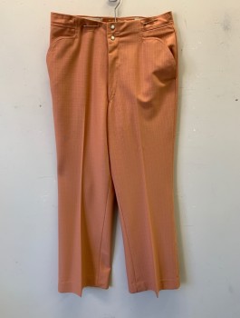 N/L, Peachy Pink, Polyester, Solid, Self Grid Texture, Flat Front, 2 Unusual Curved Pockets at Front, 2 Cream Snap Closures at Fly, Boot Cut,