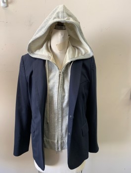 Womens, Blazer, VERONICA BEARD, Navy Blue, Heather Gray, Cotton, Solid, B:34, Blazer with Attached Heather Gray Hoodie, Single Breasted, 2 Buttons,  Notched Lapel, Hoodie Portion is Zip Front