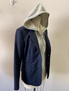 Womens, Blazer, VERONICA BEARD, Navy Blue, Heather Gray, Cotton, Solid, B:34, Blazer with Attached Heather Gray Hoodie, Single Breasted, 2 Buttons,  Notched Lapel, Hoodie Portion is Zip Front