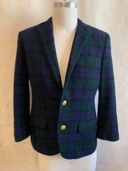 BROOKS BROTHERS, Green, Navy Blue, Black, Wool, Plaid, Single Breasted, Notched Lapel, 2 Gold Buttons with Sheep, 3 Pockets, 4 Gold Button Cuffs, 1 Back Vent