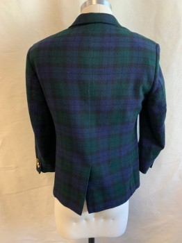 BROOKS BROTHERS, Green, Navy Blue, Black, Wool, Plaid, Single Breasted, Notched Lapel, 2 Gold Buttons with Sheep, 3 Pockets, 4 Gold Button Cuffs, 1 Back Vent