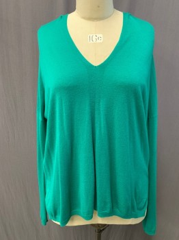 VINCE, Kelly Green, Wool, Rayon, Solid, V-neck, Drop Long Sleeves, High-Low Hem, Ribbed Knit Waistband/Cuff