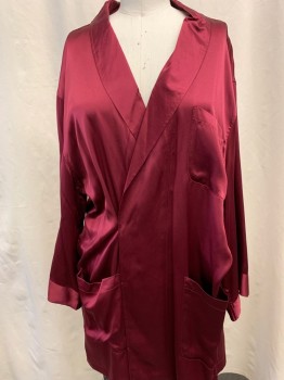 Womens, SPA Robe, TEXERE SILK, Red Burgundy, Silk, Solid, S/M, Surplice Shawl Collar, Long Sleeves, Belted Waist, 3 Patch Pockets, Above the Knee Length