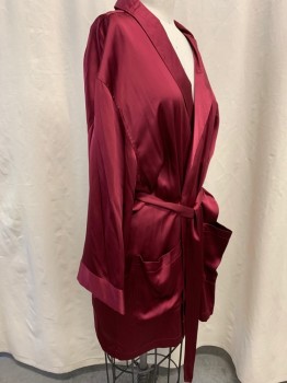 Womens, SPA Robe, TEXERE SILK, Red Burgundy, Silk, Solid, S/M, Surplice Shawl Collar, Long Sleeves, Belted Waist, 3 Patch Pockets, Above the Knee Length