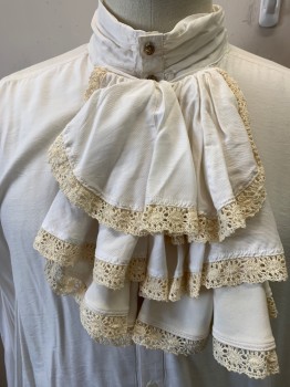 Mens, Historical Fiction Shirt, MTO, Cream, Beige, Cotton, Acetate, Solid, 2XL, Gathered Collar Attached with 2 Gold Buttons, 3 Tiers Ruffle with Beige Lace Trim, Button Front, Long Sleeves Cuffs with Matching Ruffle & Beige Lace Trim Removable with Velcro