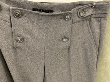 Womens, Slacks, THEORY, Heather Gray, Wool, Lycra, 8, Fall Front, 2 Side Pockets, Attached Side Waist Button Tabs