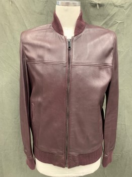 Mens, Leather Jacket, SAKS FIFTH AVENUE, Red Burgundy, Leather, Solid, L, Zip Front, Ribbed Knit Bomber Collar/Waistband/Cuff, 2 Welt Pockets, Yoke *Shoulder Burn*