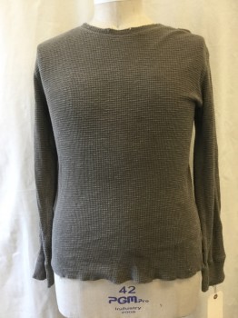 NO LABEL, Taupe, Cotton, Synthetic, Solid, Aged & Distressed, Waffle Knit, Long Sleeves, Round Neck,