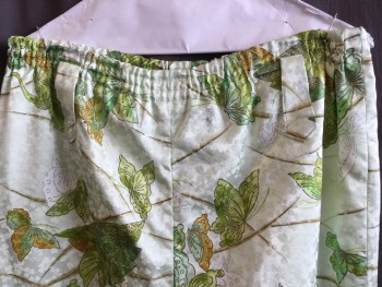Mens, Casual Pants, N/L, Mint Green, Lime Green, Brown, Rust Orange, Polyester, Leaves/Vines , Insects Print, 30, Light Mint with Self Clover Leaves & Butterflies, 1.5" Elastic Waist Band with  1" Large Belt Hoops