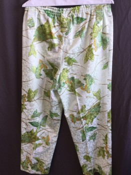 Mens, Casual Pants, N/L, Mint Green, Lime Green, Brown, Rust Orange, Polyester, Leaves/Vines , Insects Print, 30, Light Mint with Self Clover Leaves & Butterflies, 1.5" Elastic Waist Band with  1" Large Belt Hoops