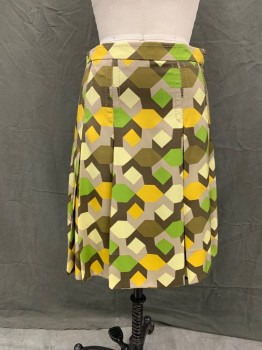 Womens, Skirt, Knee Length, MARC JACOBS, Yellow, Green, Taupe, Brown, Mint Green, Silk, Geometric, W 30, 8, Drop Pleats, 1 1/2" Waistband, Side Zip, Taupe Heavy Stitching