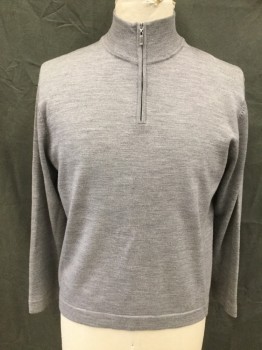 Mens, Pullover Sweater, ALFANI, Lt Gray, Wool, Heathered, XL, 1/4 Zip Front, Ribbed Knit High Collar, Long Sleeves