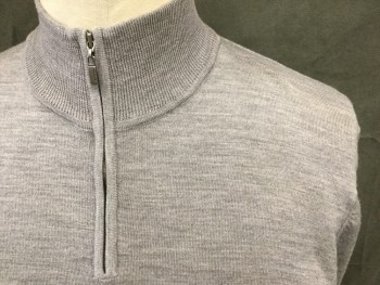 Mens, Pullover Sweater, ALFANI, Lt Gray, Wool, Heathered, XL, 1/4 Zip Front, Ribbed Knit High Collar, Long Sleeves