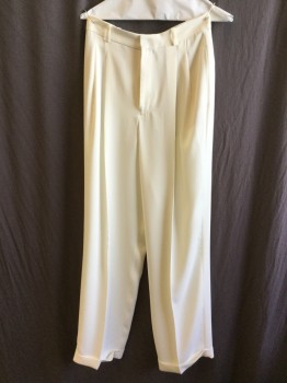 POLO, Cream, Polyester, Lyocell, Solid, 1.5" Waistband with Belt Hoops, 2 Pleat Front, 4 Pockets (2 Sewn Shut), Cuff Hem