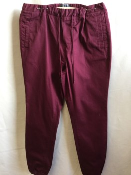 Mens, Casual Pants, LE31, Maroon Red, Cotton, Spandex, Solid, 34, 1.5 Elastic Waistband with Maroon Cording, D-string, 3 Pockets, Elastic Hem