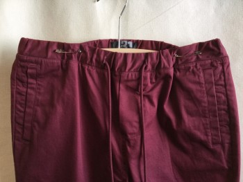 LE31, Maroon Red, Cotton, Spandex, Solid, 1.5 Elastic Waistband with Maroon Cording, D-string, 3 Pockets, Elastic Hem