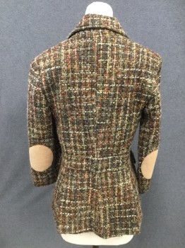 Womens, Blazer, CYNTHIA VINCENT, Dk Brown, Rust Orange, Mint Green, Tan Brown, Wool, Acrylic, Grid , Tweed, 4, Single Breasted, Collar Attached, Notched Lapel, 2 Buttons,  2 Flap Pockets with Inverted Pleats, 3/4 Sleeve, Tan Suede Elbow Patches