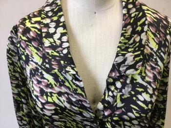 RACHEL ZOE, Black, Bone White, Mauve Pink, Lime Green, Silk, Abstract , Elongated Collar, Long Sleeves, Button Front,