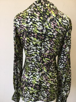 RACHEL ZOE, Black, Bone White, Mauve Pink, Lime Green, Silk, Abstract , Elongated Collar, Long Sleeves, Button Front,