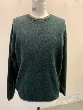 WOOLRICH, Forest Green, Taupe, Wool, Nylon, Solid, Thick Itchy Knit, Long Sleeves, Taupe Edge to Crew Neck, Cuffs and Waist