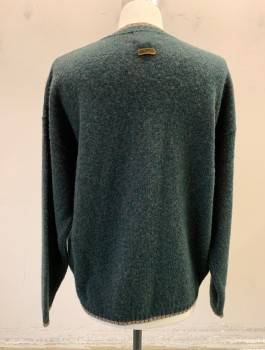 Mens, Pullover Sweater, WOOLRICH, Forest Green, Taupe, Wool, Nylon, Solid, M, Thick Itchy Knit, Long Sleeves, Taupe Edge to Crew Neck, Cuffs and Waist
