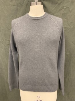 Mens, Pullover Sweater, VINCE, Gray, Cotton, Cashmere, Solid, M, Crew Neck, Raglan Long Sleeves, Ribbed Knit Neck/Waistband/Cuff