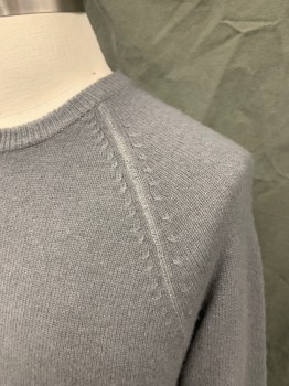 Mens, Pullover Sweater, VINCE, Gray, Cotton, Cashmere, Solid, M, Crew Neck, Raglan Long Sleeves, Ribbed Knit Neck/Waistband/Cuff