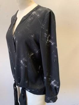 APT.9, Black, Gray, Polyester, Spandex, Abstract , Crepe, Long Sleeves, Button Front, Round Neck with V Notch, Self Ties at Waist