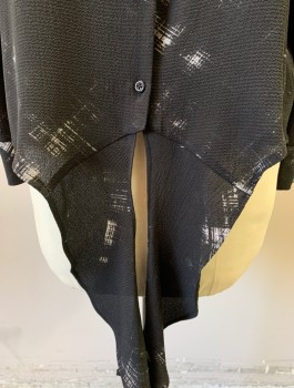 APT.9, Black, Gray, Polyester, Spandex, Abstract , Crepe, Long Sleeves, Button Front, Round Neck with V Notch, Self Ties at Waist
