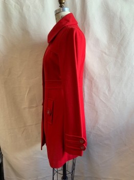 Womens, Coat, TULLE , Tomato Red, Wool, Solid, B 34, S, Single Breasted, Stitched Belt Insert, 2 Vertical Pocket with Button Tab Flap Detail, Double Button Tab Detail at Cuff