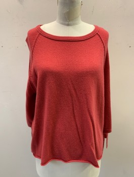 Womens, Pullover, VELVET, Cherry Red, Cashmere, Solid, S, Knit, 3/4 Sleeves with Self Ties at Wrists, Raglan Sleeves, Wide Scoop Neck, Curled Edge at Hem