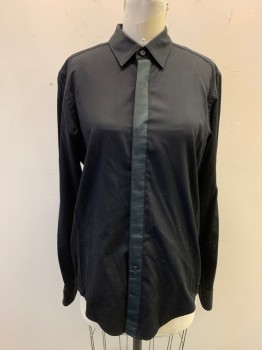 Womens, Blouse, HUGO BOSS, Black, Cotton, Solid, S, Button Front, Faille Ribbon Hidden Placket, Collar Attached, Long Sleeves, Button Cuff