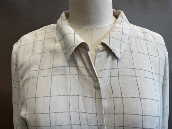Womens, Blouse, EILEEN FISHER, Off White, Navy Blue, Silk, Plaid-  Windowpane, B 40, L, L/S, Button Front, C.A.,