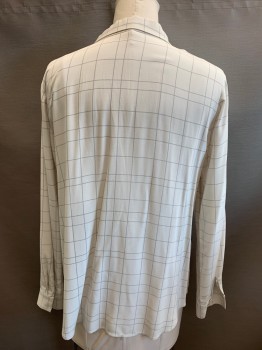 Womens, Blouse, EILEEN FISHER, Off White, Navy Blue, Silk, Plaid-  Windowpane, B 40, L, L/S, Button Front, C.A.,