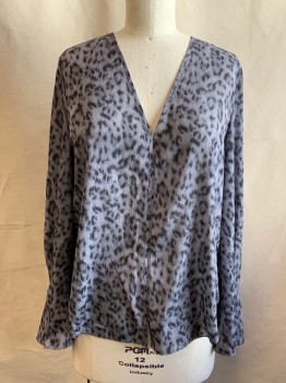 JOIE, Gray, Black, Polyester, Animal Print, V-neck, Center Front Seam, Inverted Pleat at Back Neck, Long Sleeves, Inverted Pleated Cuff